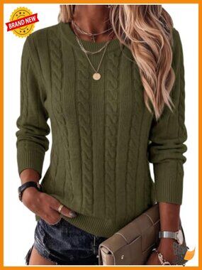 Wool Blend Cable Knit Crop Sweater Crew Neck Pullover